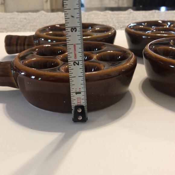 Set of 4 Ceramic Brown Glazed Escargot Snail Baking Dishes w/ Handle Taiwan - Picture 7 of 8